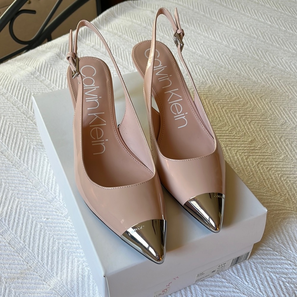 Calvin Klein patent leather pink and silver sling-back pumps.  New in box.